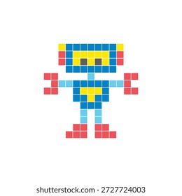 Um design de pixel plano feito de blocos de cores quadradas geométricas em um layout de ícone limpo. Adequado para elementos criativos modernos, itens isolados ou projetos de artesanato brilhante. Robô Pixel Art