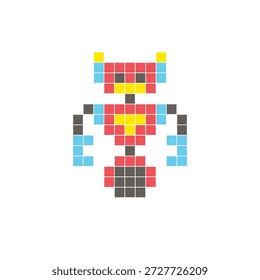 Ein flaches Pixeldesign aus geometrischen quadratischen Farbblöcken auf einem sauberen Symbollayout. Geeignet für kreative moderne Elemente, Einzelstücke oder helle Handwerksprojekte. Pixel Art Roboter