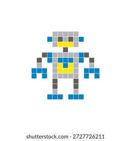 Um design de pixel plano feito de blocos de cores quadradas geométricas em um layout de ícone limpo. Adequado para elementos criativos modernos, itens isolados ou projetos de artesanato brilhante. Robô Pixel Art