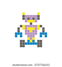 Um design de pixel plano feito de blocos de cores quadradas geométricas em um layout de ícone limpo. Adequado para elementos criativos modernos, itens isolados ou projetos de artesanato brilhante. Robô Pixel Art