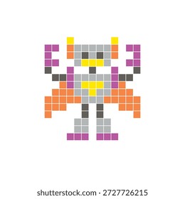Um design de pixel plano feito de blocos de cores quadradas geométricas em um layout de ícone limpo. Adequado para elementos criativos modernos, itens isolados ou projetos de artesanato brilhante. Robô Pixel Art