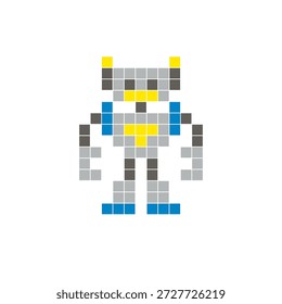 Um design de pixel plano feito de blocos de cores quadradas geométricas em um layout de ícone limpo. Adequado para elementos criativos modernos, itens isolados ou projetos de artesanato brilhante. Robô Pixel Art