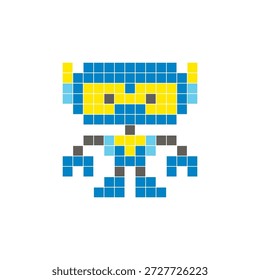 A flat pixel design made of geometric square color blocks on a clean icon layout. Suitable for creative modern elements, isolated items, or bright craft projects. Pixel art robot