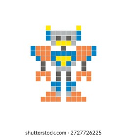 Um design de pixel plano feito de blocos de cores quadradas geométricas em um layout de ícone limpo. Adequado para elementos criativos modernos, itens isolados ou projetos de artesanato brilhante. Robô Pixel Art