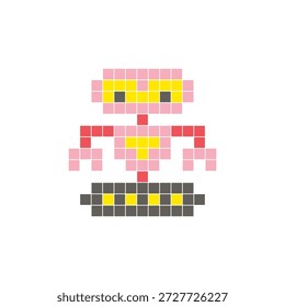 A flat pixel design made of geometric square color blocks on a clean icon layout. Suitable for creative modern elements, isolated items, or bright craft projects. Pixel art robot