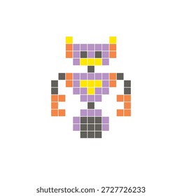 A flat pixel design made of geometric square color blocks on a clean icon layout. Suitable for creative modern elements, isolated items, or bright craft projects. Pixel art robot