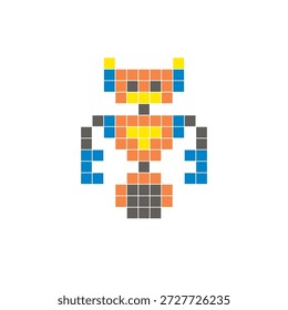 Ein flaches Pixeldesign aus geometrischen quadratischen Farbblöcken auf einem sauberen Symbollayout. Geeignet für kreative moderne Elemente, Einzelstücke oder helle Handwerksprojekte. Pixel Art Roboter