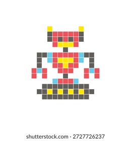 Um design de pixel plano feito de blocos de cores quadradas geométricas em um layout de ícone limpo. Adequado para elementos criativos modernos, itens isolados ou projetos de artesanato brilhante. Robô Pixel Art