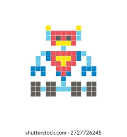 Um design de pixel plano feito de blocos de cores quadradas geométricas em um layout de ícone limpo. Adequado para elementos criativos modernos, itens isolados ou projetos de artesanato brilhante. Robô Pixel Art