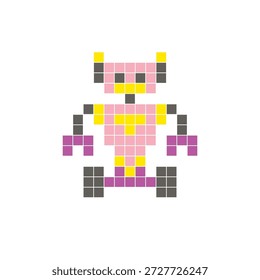 Um design de pixel plano feito de blocos de cores quadradas geométricas em um layout de ícone limpo. Adequado para elementos criativos modernos, itens isolados ou projetos de artesanato brilhante. Robô Pixel Art