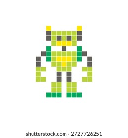 Um design de pixel plano feito de blocos de cores quadradas geométricas em um layout de ícone limpo. Adequado para elementos criativos modernos, itens isolados ou projetos de artesanato brilhante. Robô Pixel Art