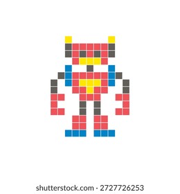 Um design de pixel plano feito de blocos de cores quadradas geométricas em um layout de ícone limpo. Adequado para elementos criativos modernos, itens isolados ou projetos de artesanato brilhante. Robô Pixel Art