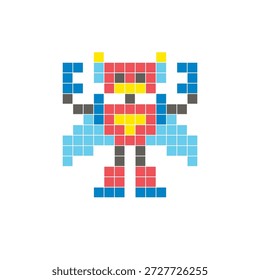 Um design de pixel plano feito de blocos de cores quadradas geométricas em um layout de ícone limpo. Adequado para elementos criativos modernos, itens isolados ou projetos de artesanato brilhante. Robô Pixel Art