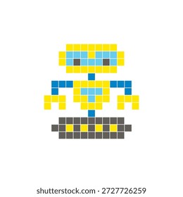 A flat pixel design made of geometric square color blocks on a clean icon layout. Suitable for creative modern elements, isolated items, or bright craft projects. Pixel art robot