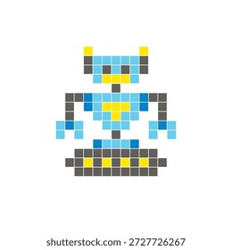 Um design de pixel plano feito de blocos de cores quadradas geométricas em um layout de ícone limpo. Adequado para elementos criativos modernos, itens isolados ou projetos de artesanato brilhante. Robô Pixel Art