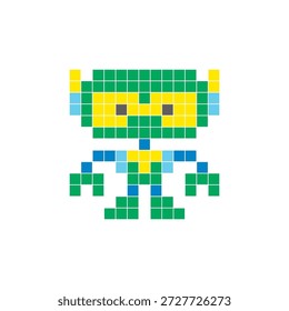Um design de pixel plano feito de blocos de cores quadradas geométricas em um layout de ícone limpo. Adequado para elementos criativos modernos, itens isolados ou projetos de artesanato brilhante. Robô Pixel Art