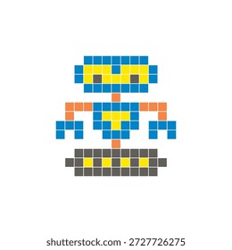A flat pixel design made of geometric square color blocks on a clean icon layout. Suitable for creative modern elements, isolated items, or bright craft projects. Pixel art robot