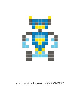 A flat pixel design made of geometric square color blocks on a clean icon layout. Suitable for creative modern elements, isolated items, or bright craft projects. Pixel art robot