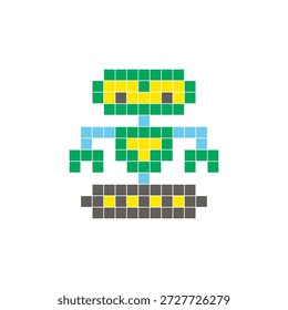 Um design de pixel plano feito de blocos de cores quadradas geométricas em um layout de ícone limpo. Adequado para elementos criativos modernos, itens isolados ou projetos de artesanato brilhante. Robô Pixel Art