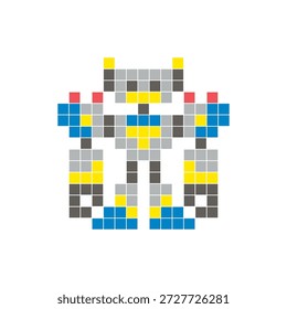 Um design de pixel plano feito de blocos de cores quadradas geométricas em um layout de ícone limpo. Adequado para elementos criativos modernos, itens isolados ou projetos de artesanato brilhante. Robô Pixel Art