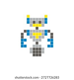 Um design de pixel plano feito de blocos de cores quadradas geométricas em um layout de ícone limpo. Adequado para elementos criativos modernos, itens isolados ou projetos de artesanato brilhante. Robô Pixel Art