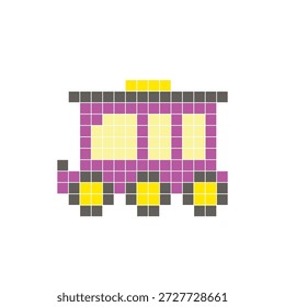 A flat pixel design made of geometric square color blocks on a clean icon layout. Suitable for creative modern elements, isolated items, or bright craft projects. Pixel art train carriage