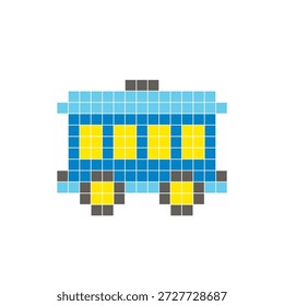 Um design de pixel plano feito de blocos de cores quadradas geométricas em um layout de ícone limpo. Adequado para elementos criativos modernos, itens isolados ou projetos de artesanato brilhante. Pixel art trem carruagem