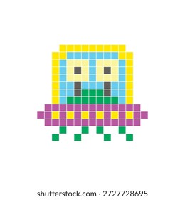Un diseño de píxeles planos hecho de bloques geométricos de color cuadrado en un diseño de icono limpio. Conveniente para los Elementos modernos creativos, los artículos aislados, o los proyectos brillantes del arte. Pixel arte alienígena y OVNI