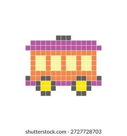 A flat pixel design made of geometric square color blocks on a clean icon layout. Suitable for creative modern elements, isolated items, or bright craft projects. Pixel art train carriage