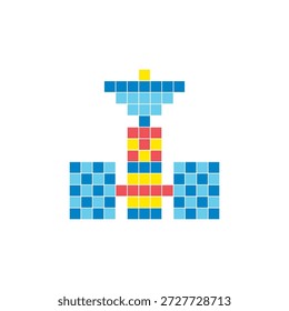 Um design de pixel plano feito de blocos de cores quadradas geométricas em um layout de ícone limpo. Adequado para elementos criativos modernos, itens isolados ou projetos de artesanato brilhante. Pixel art satélite