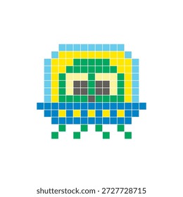 Un diseño de píxeles planos hecho de bloques geométricos de color cuadrado en un diseño de icono limpio. Conveniente para los Elementos modernos creativos, los artículos aislados, o los proyectos brillantes del arte. Pixel arte alienígena y OVNI