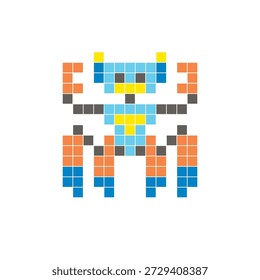 A flat pixel design made of geometric square color blocks on a clean icon layout. Suitable for creative modern elements, isolated items, or bright craft projects. Pixel art robot