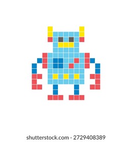 A flat pixel design made of geometric square color blocks on a clean icon layout. Suitable for creative modern elements, isolated items, or bright craft projects. Pixel art robot