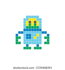 A flat pixel design made of geometric square color blocks on a clean icon layout. Suitable for creative modern elements, isolated items, or bright craft projects. Pixel art robot