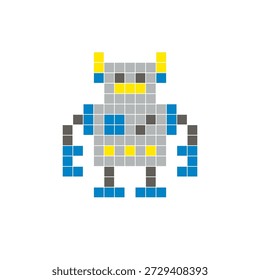 A flat pixel design made of geometric square color blocks on a clean icon layout. Suitable for creative modern elements, isolated items, or bright craft projects. Pixel art robot