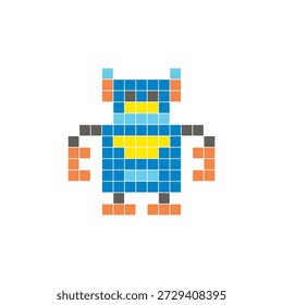 A flat pixel design made of geometric square color blocks on a clean icon layout. Suitable for creative modern elements, isolated items, or bright craft projects. Pixel art robot
