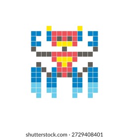 A flat pixel design made of geometric square color blocks on a clean icon layout. Suitable for creative modern elements, isolated items, or bright craft projects. Pixel art robot