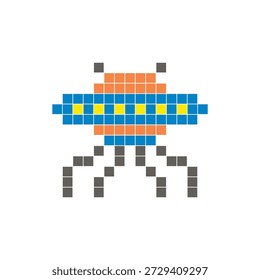 Un diseño de píxeles planos hecho de bloques geométricos de color cuadrado en un diseño de icono limpio. Conveniente para los Elementos modernos creativos, los artículos aislados, o los proyectos brillantes del arte. Robot de arte de píxeles y OVNI