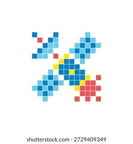 A flat pixel design made of geometric square color blocks on a clean icon layout. Suitable for creative modern elements, isolated items, or bright craft projects. Pixel art satellite