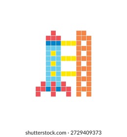 A flat pixel design made of geometric square color blocks on a clean icon layout. Suitable for creative modern elements, isolated items, or bright craft projects. Pixel art rocket