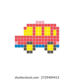 A flat pixel design made of geometric square color blocks on a clean icon layout. Suitable for creative modern elements, isolated items, or bright craft projects. Pixel art minibus