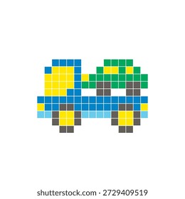 Un diseño de píxeles planos hecho de bloques geométricos de color cuadrado en un diseño de icono limpio. Conveniente para los Elementos modernos creativos, los artículos aislados, o los proyectos brillantes del arte. Pixel art car carrier truck