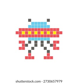 A flat pixel design made of geometric square color blocks on a clean icon layout. Suitable for creative modern elements, isolated items, or bright craft projects. Pixel art robot and UFO