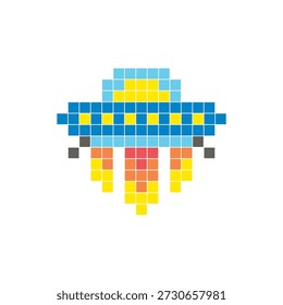 Um design de pixel plano feito de blocos de cores quadradas geométricas em um layout de ícone limpo. Adequado para elementos criativos modernos, itens isolados ou projetos de artesanato brilhante. UFO de arte pixel