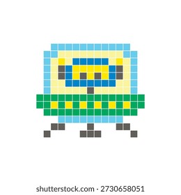 A flat pixel design made of geometric square color blocks on a clean icon layout. Suitable for creative modern elements, isolated items, or bright craft projects. Pixel art robot and UFO