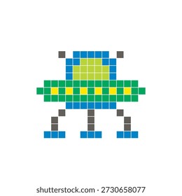 Um design de pixel plano feito de blocos de cores quadradas geométricas em um layout de ícone limpo. Adequado para elementos criativos modernos, itens isolados ou projetos de artesanato brilhante. UFO de arte pixel
