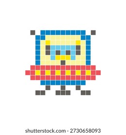A flat pixel design made of geometric square color blocks on a clean icon layout. Suitable for creative modern elements, isolated items, or bright craft projects. Pixel art robot and UFO