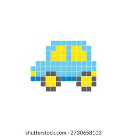 A flat pixel design made of geometric square color blocks on a clean icon layout. Suitable for creative modern elements, isolated items, or bright craft projects. Pixel art electric car