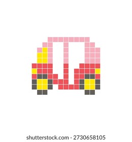 A flat pixel design made of geometric square color blocks on a clean icon layout. Suitable for creative modern elements, isolated items, or bright craft projects. Pixel art auto-rickshaw