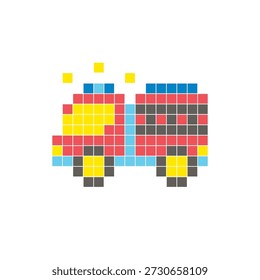 Um design de pixel plano feito de blocos de cores quadradas geométricas em um layout de ícone limpo. Adequado para elementos criativos modernos, itens isolados ou projetos de artesanato brilhante. Caminhão de bombeiros Pixel art